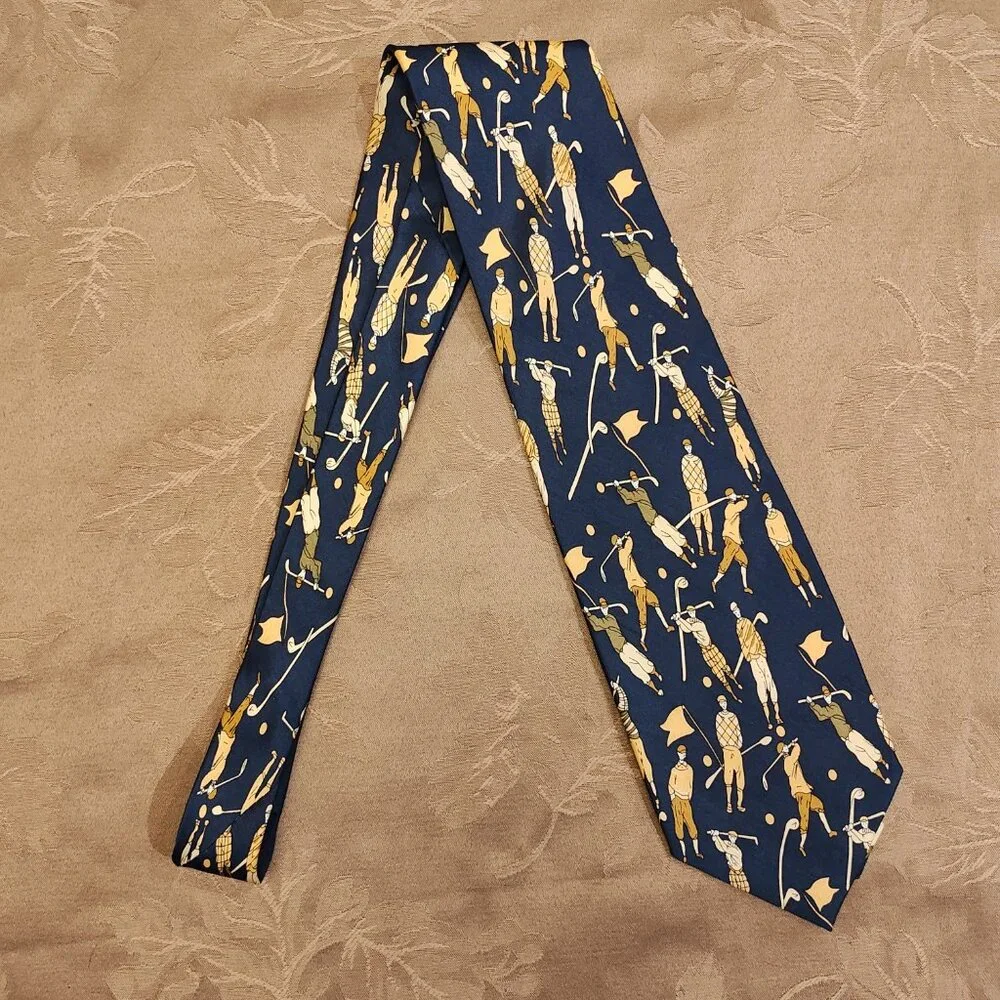 Giorgio Armani Cravatte 100% Silk Blue and Yellow Golf Themed Tie, EUC!
